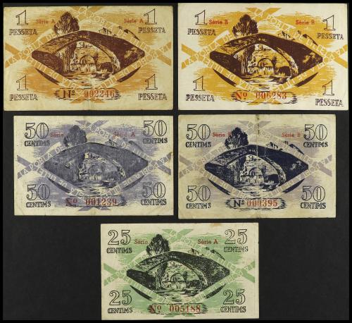 CATALUNYA. Lote 5 billetes 25, 50 (2) Cèntims y 1 Pesseta (2