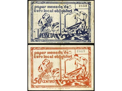 CATALUNYA. Lote 2 billetes 50 Cèntims y 1 Pesseta. 9 Juliol 