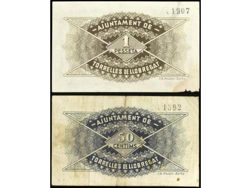 CATALUNYA. Lote 2 billetes 50 Cèntims y 1 Pesseta. 10 Maig 1