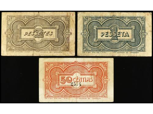 CATALUNYA. Lote 3 billetes 50 Cèntims 1 y 2 Pessetes. Aj. de