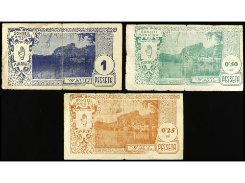 CATALUNYA. Lote 3 billetes 25, 50 Cèntims y 1 Pesseta. 24 Ju