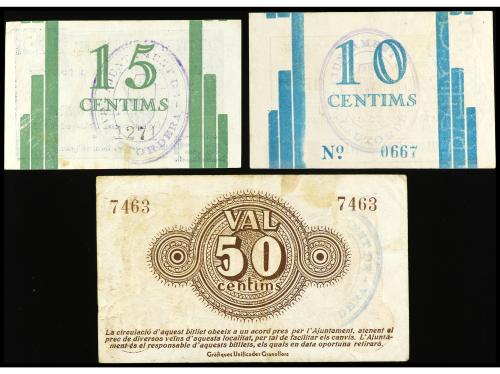 CATALUNYA. Lote 3 billetes 10, 15 y 50 Cèntims. Aj. de PALAU