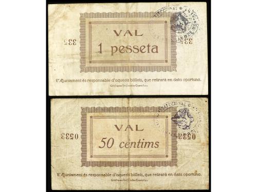 CATALUNYA. Lote de 2 billetes de 50 Cèntims y 1 Pesseta. Jun
