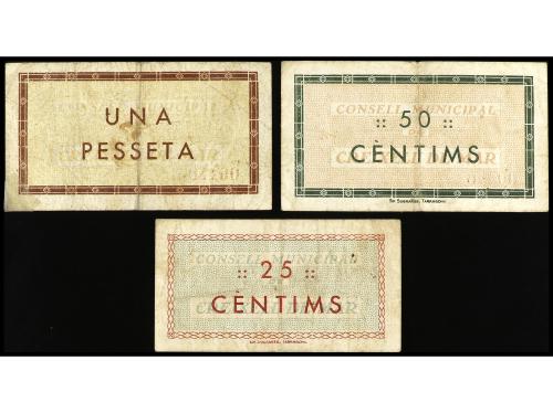 CATALUNYA. Lote 3 billetes 25 y 50 Cèntims y 1 Pesseta. 10 J