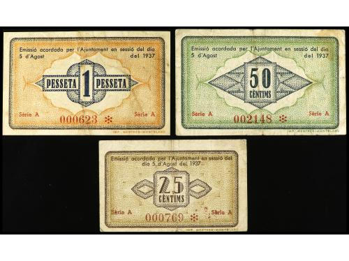 CATALUNYA. Lote 3 billetes 25, 50 Cèntims y 1 Pesseta. 8 Ago