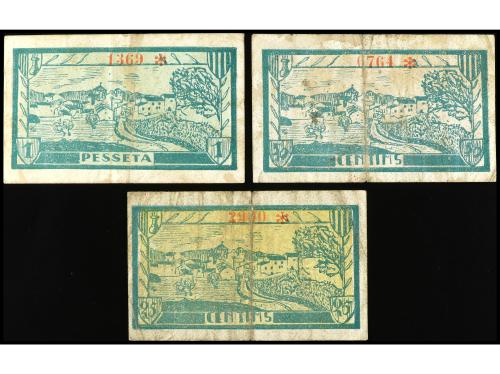 CATALUNYA. Lote 3 billetes 25, 50 Cèntims y 1 Pesseta. Agost