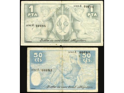 CATALUNYA. Lote 2 billetes 50 Cèntims y 1 Pesseta. 12 Maig 1