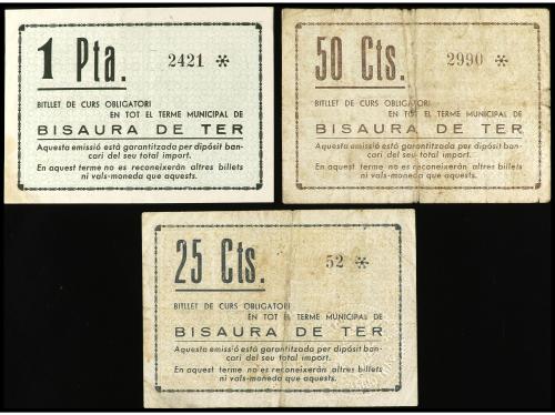 CATALUNYA. Lote 3 billetes 25, 50 Cèntims y 1 Pesseta. 22 Ma