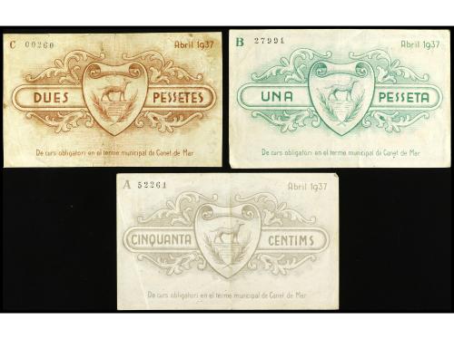 CATALUNYA. Lote 3 billetes 50 Cèntims, 1 y 2 Pesseta. 9 Abri
