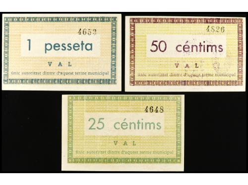 CATALUNYA. Lote 3 billetes 25, 50 Cèntims y 1 Pesseta. 20 Ma