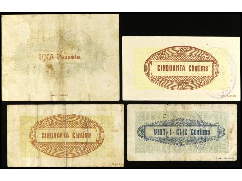 CATALUNYA. Lote 4 billetes 25, 50 Cèntims y 1 Pesseta. Juny 