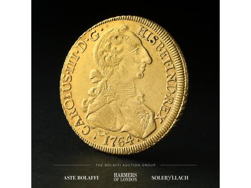 CARLOS III. 8 Escudos. 1764. SANTIAGO. J. Anv.: Busto a dere