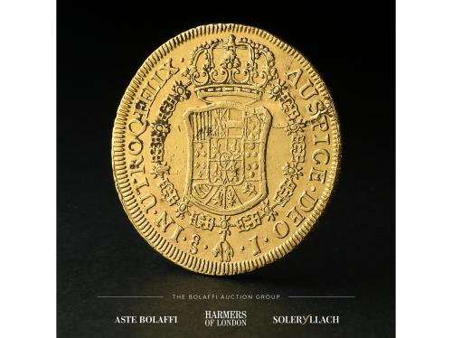CARLOS III. 8 Escudos. 1764. SANTIAGO. J. Anv.: Busto a dere