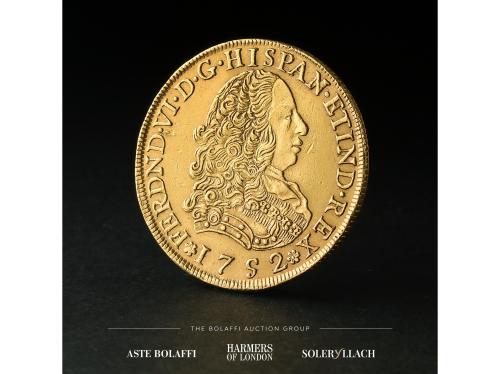 FERNANDO VI. 8 Escudos. 1752. LIMA. J. Anv.: Busto a derecha