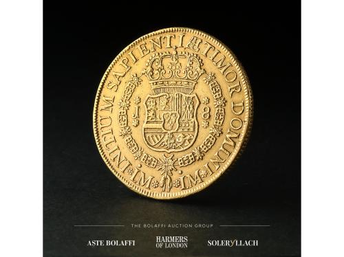 FERNANDO VI. 8 Escudos. 1752. LIMA. J. Anv.: Busto a derecha