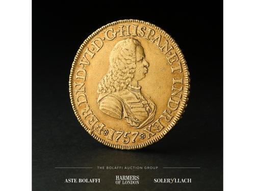 FERNANDO VI. 8 Escudos. 1757. NUEVO REINO. S. Anv.: Busto a 