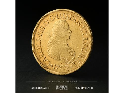 CARLOS III. 8 Escudos. 1768/7. POPAYÁN. J. Anv.: Busto a der