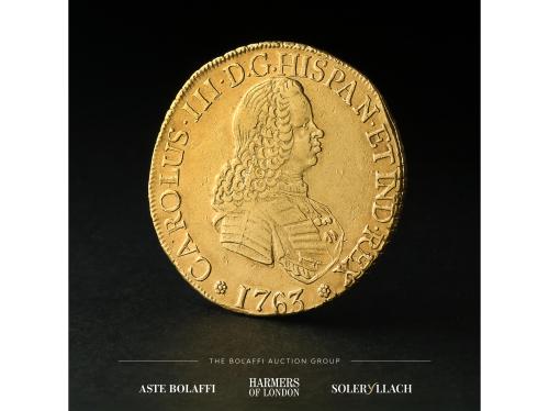 CARLOS III. 8 Escudos. 1763. SANTIAGO. J. Anv.: Busto a dere
