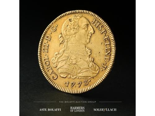 CARLOS III. 8 Escudos. 1773. LIMA. M.J. Anv.: Busto a derech