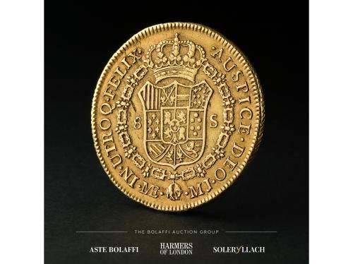 CARLOS III. 8 Escudos. 1773. LIMA. M.J. Anv.: Busto a derech