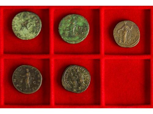 Lote 5 monedas Dupondio. ANTONINO PIO (2), MARCO AURELIO, NE