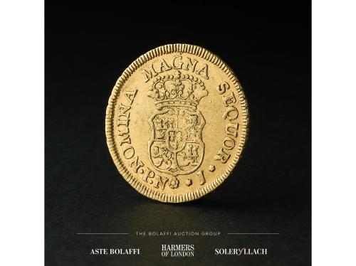CARLOS III. 2 Escudos. 1768. POPAYÁN. J. Anv.: Busto a derec