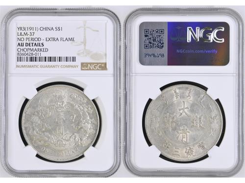 CHINA. 1 Dollar. Año 3 (1911). EMPIRE. NGC AU DETAILS CHOPMA