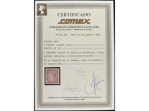 * ESPAÑA. Ed. 73A. 2 reales salmón. PIEZA DE LUJO. Cert. COM