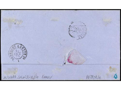 ✉ PORTUGAL. Mu. 37, 39, 41. 1875. PORTO a FRANCIA. 10 reis a