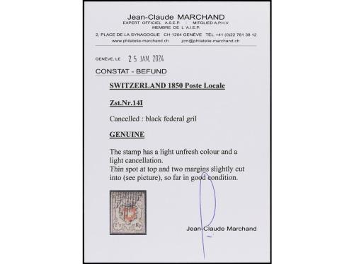 ° SUIZA. Yv. 16. 1850. POSTALE LOCALE. 2 1/2 Rp. rojo y negr