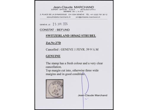 ° SUIZA. 1854-62. 1 f. gris. Mat. fechador GENEVE. Margen su