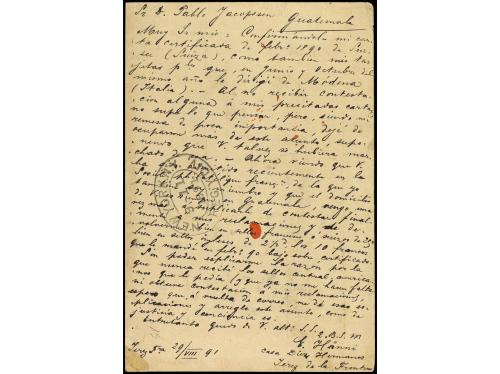 ✉ ESPAÑA ENTEROS POSTALES. Ed. 27. 1891. JEREZ a GUATEMALA. 