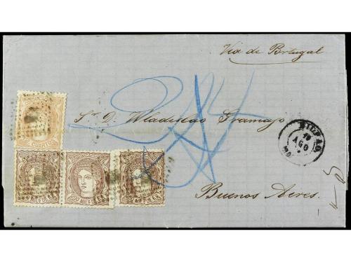 ✉ ESPAÑA. Ed. 109 (3), 113. 1871. BILBAO a BUENOS AIRES. 200