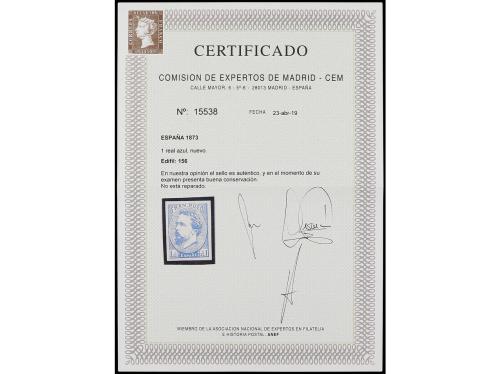 * ESPAÑA. Ed. 156. 1 real azul. PIEZA DE LUJO. Cert. CEM. 