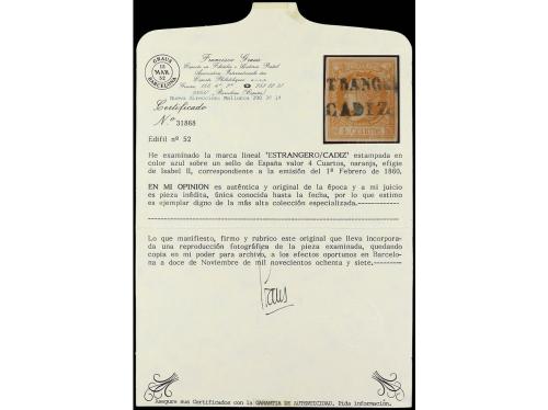 ° ESPAÑA. Ed. 52. 4 cuartos naranja, mat. ESTRANGERO/CADIZ e