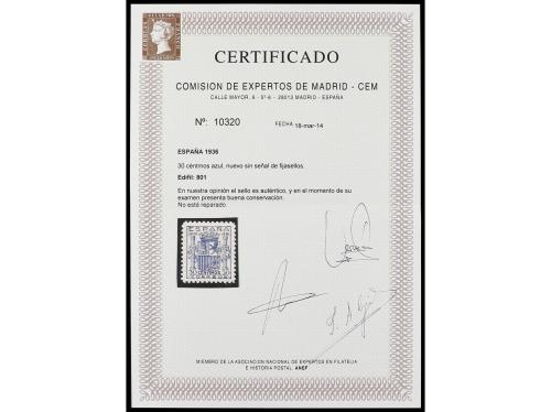 ** ESPAÑA. Ed. 801. 30 cts. azul. EXTRAORDINARIO EJEMPLAR co
