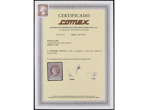 (*) ESPAÑA. Ed. 56. 2 reales lila. PIEZA DE LUJO. Cert. COME