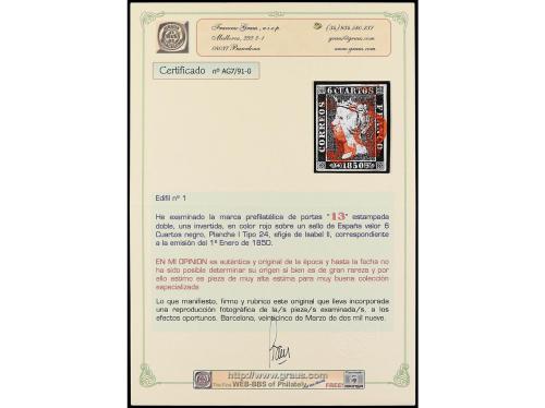 ° ESPAÑA. Ed. 1. 6 cuartos negro, tipo I, mat. 13 en rojo de