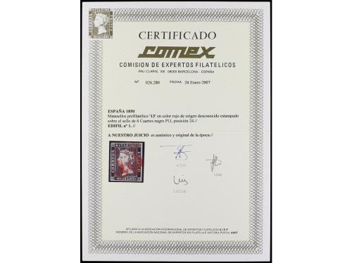 ° ESPAÑA. Ed. 1. 6 cuartos negro, tipo I, mat. 13 en rojo de