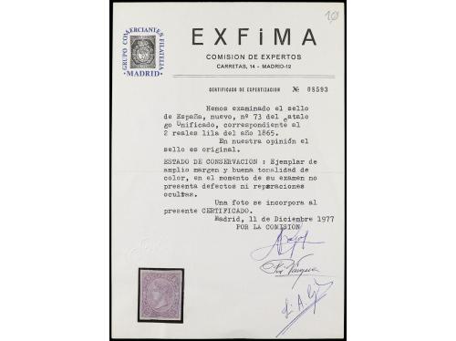 * ESPAÑA. Ed. 73. 2 reales lila. Muy buen ejemplar. Cert. EX
