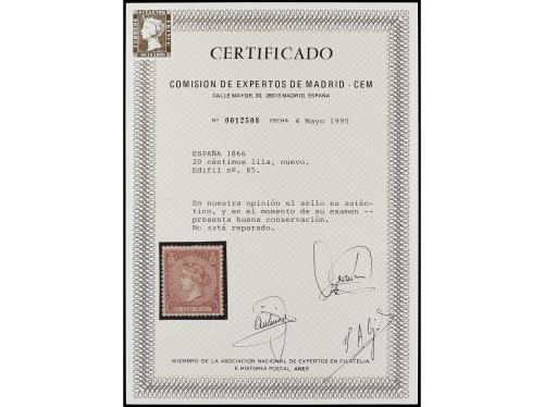 ** ESPAÑA. Ed. 85. 20 céntimos lila. PIEZA DE LUJO. Cert. CE