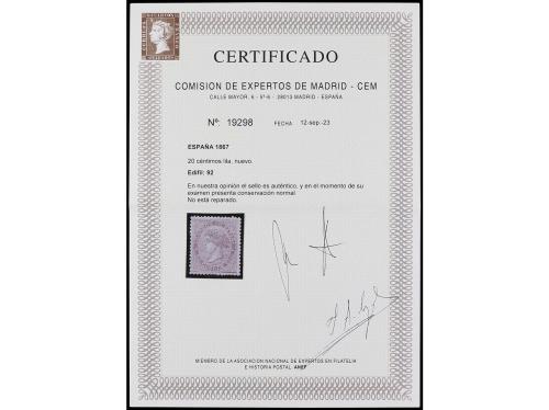 * ESPAÑA. Ed. 92. 20 céntimos lila. Muy buen ejemplar. Cert.