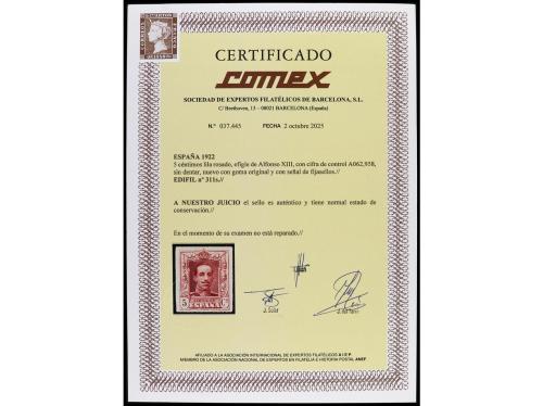 * ESPAÑA. Ed. 311s. 5 céntimos lila, SIN DENTAR. Cert. COMEX