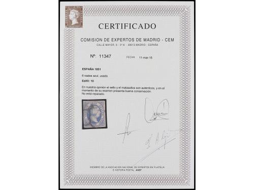 ° ESPAÑA. Ed. 10. 6 reales azul. Grandes márgenes y fino mat