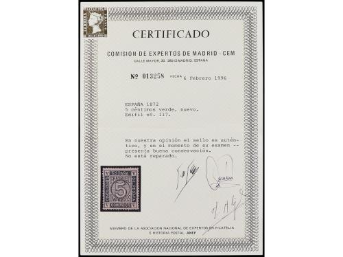 * ESPAÑA. Ed. 117. 5 céntimos verde. Muy buen ejemplar. Cert