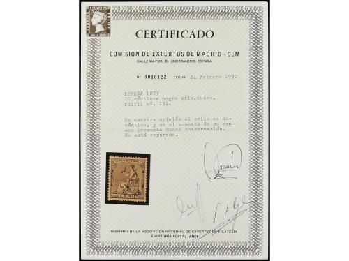 * ESPAÑA. Ed. 134. 20 céntimos negro. PIEZA DE LUJO. Cert. C