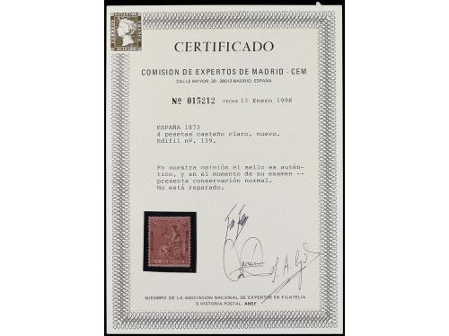 * ESPAÑA. Ed. 139. 4 pesetas castaño. PIEZA DE LUJO. Cert. C