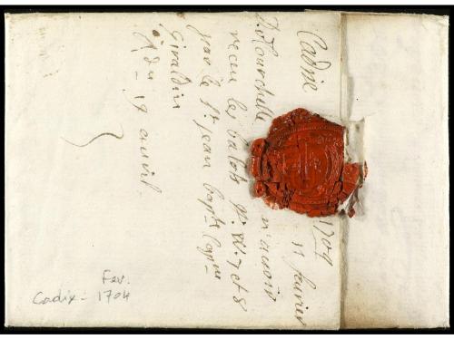 ✉ ESPAÑA: PREFILATELIA. 1704. Sobrescrito de CÁDIZ a FRANCIA