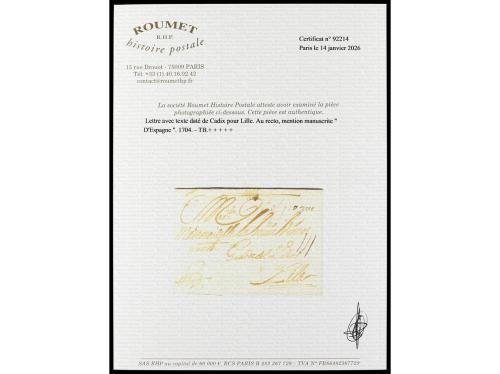 ✉ ESPAÑA: PREFILATELIA. 1704. Sobrescrito de CÁDIZ a FRANCIA