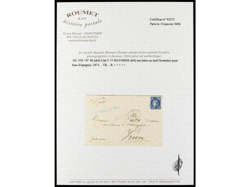 ✉ FRANCIA. Ed. 46. 1871. BAYONNA (Francia) a IRÚN. 20 c. azu